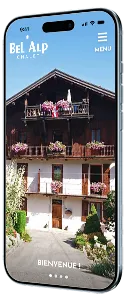 un telephone affiche la page d'accueil du Chalet Bel Alp